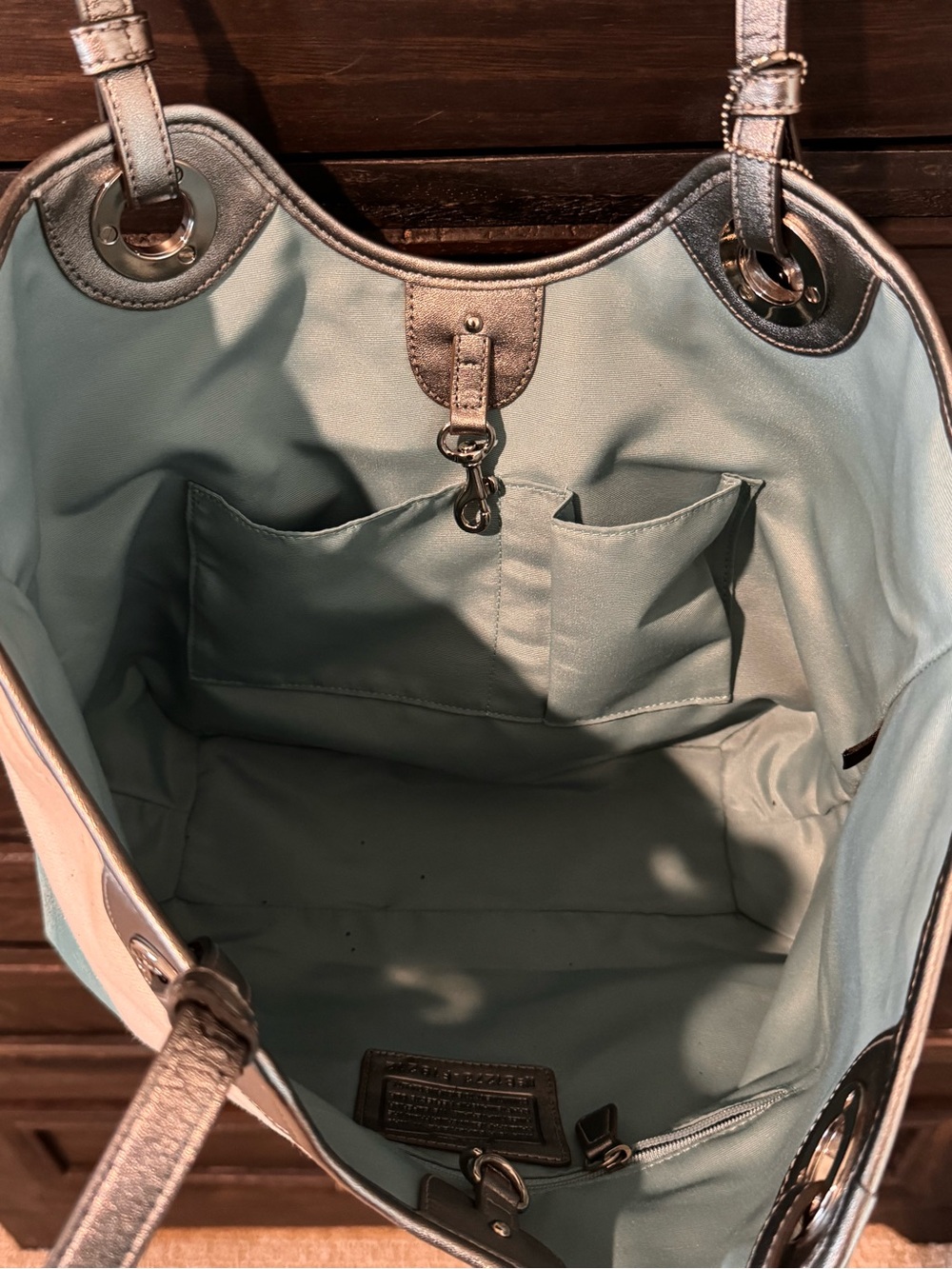 Rare Coach F19212 Starfish Beach Tote Canvas Teal Silver 2012 - Picture 6 of 15
